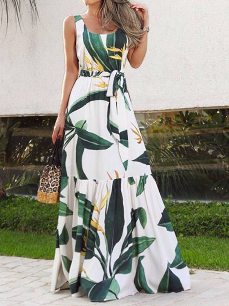 Women Summer Sleeveless Dress Celmia Bohemian Elegant Floral Print Long Party Dress 2022 Holiday Casual Belted Thin Maxi Robe alx