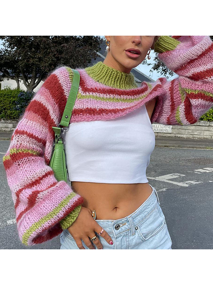 Women Y2k Knitted Shrug Sweater Striped Long Sleeves Casual Loose Crop Tops E Girl Knitwear Spring Autumn Fairy Grunge Pullover alx