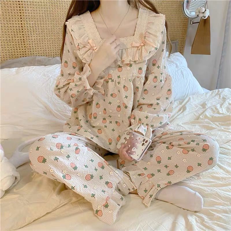 Women Sweet Printing Pajama Sets Spring Autumn Long Sleeve Loose Sleepwear Comfort Cute Girl Square Collar Princess Lounge Wear alx