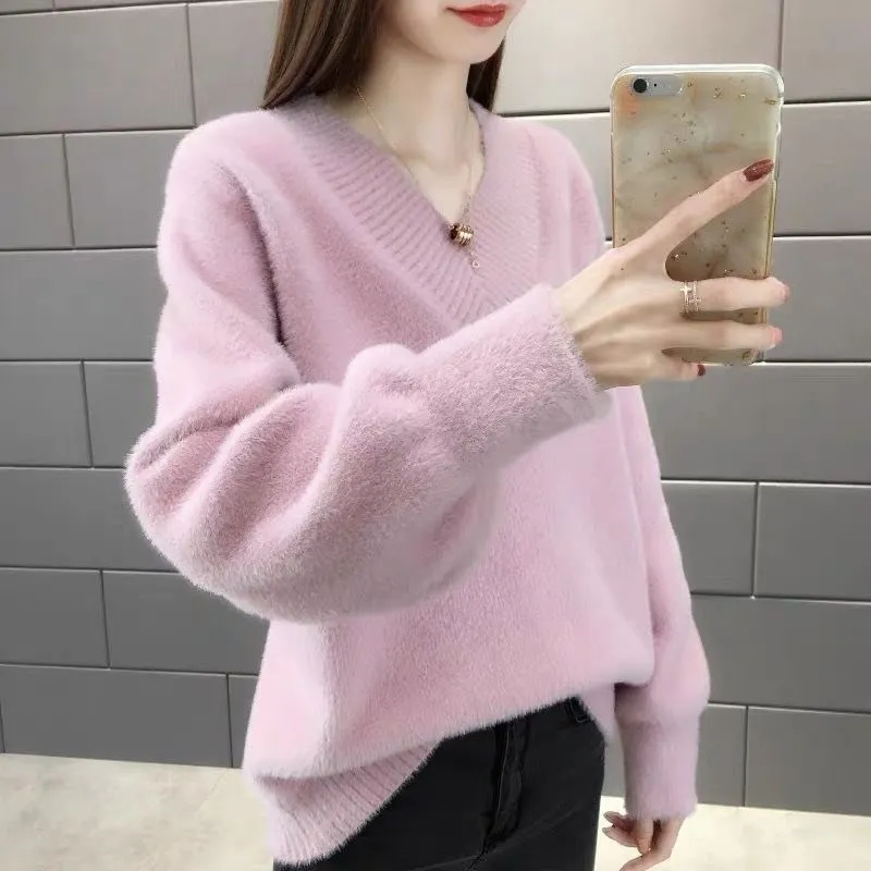 V-neck Mink Sweater Thickened Knitted Jumper Female Korean Style Pullover Loose Casual Sweater Winter Warm Outwear Bottming Tops alx