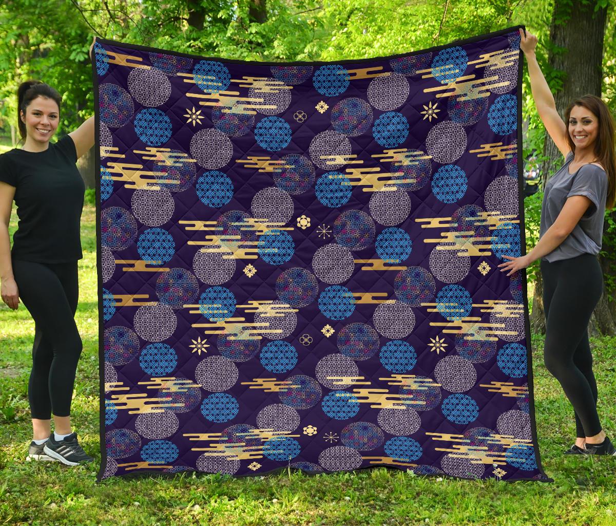 Blue Japanese Pattern Cloud Wave Flower Premium Quilt