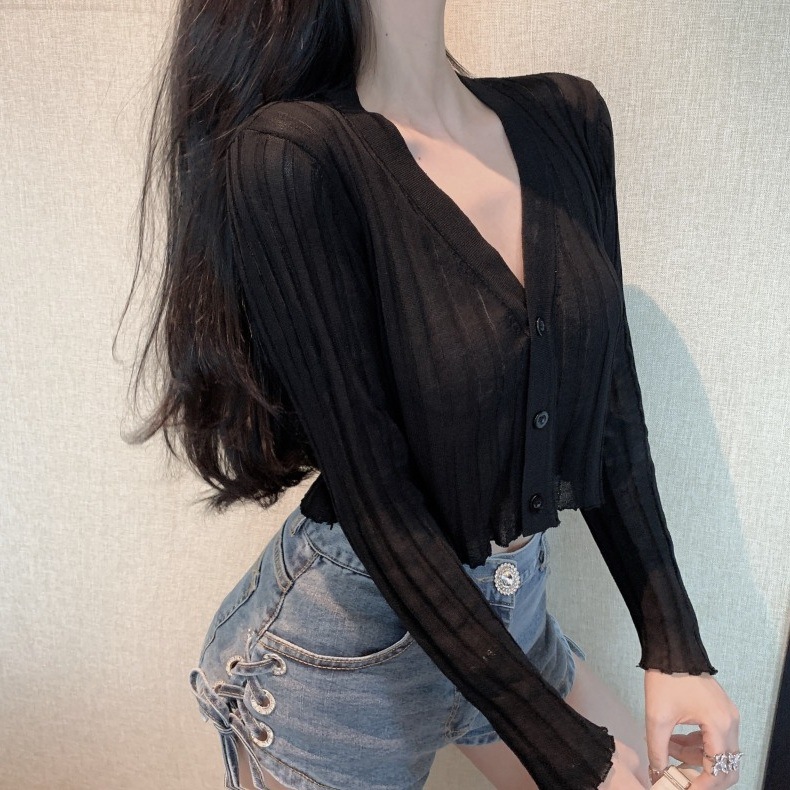 Summer Loose Knitted Sweaters Women V Neck Long Sleeve Button Knitwear Cardigan Cropped Tops LYY2118 alx