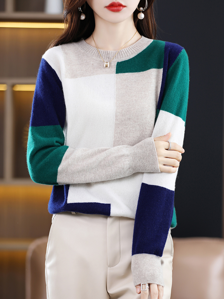 Woman’s Sweaters Autumn Winter Fashion Patchwork Casual Coats Female Pullover Long Sleeve O-Neck Jumper 100% Wool Knitted Tops alx