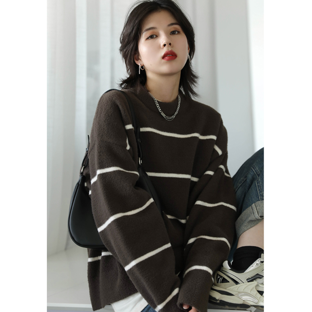 Women Black Sweater Stripe Color Contrast Round Neck Korean Fashion Lazy Wind Loose Winter Long Sleeve Knitting Pullover alx