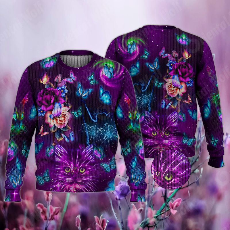 Purple Butterfly Kitten Fairies Starry 3D Full Print Sweater