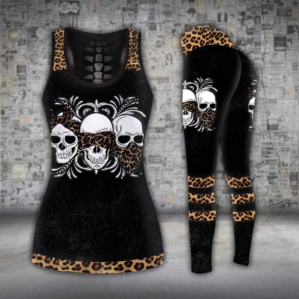 Skull Trio Hear See Speak No Evil Leopard Hollow Tank Top And Legging 3D Print #L