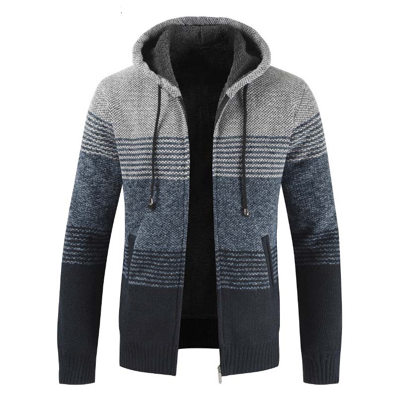 Autumn Winter Thick Warm Hooded Striped Sweater Cardigan Men Sweater Coat New Pullover Zipper Fleece Coat Men Mens Cardigan alx