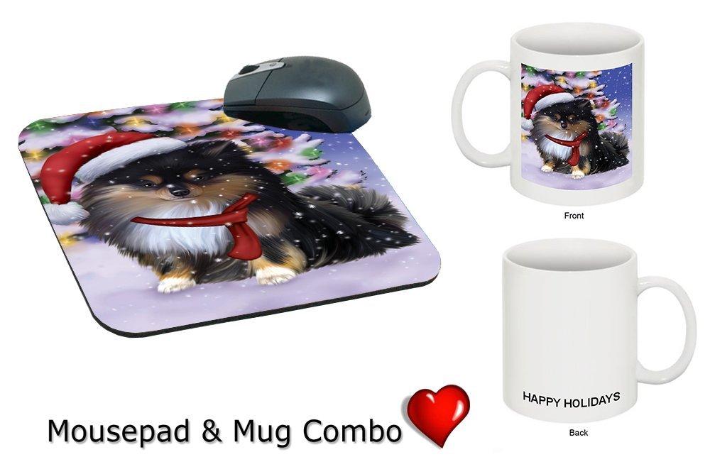 Winterland Wonderland Pomeranians Puppy Dog In Christmas Holiday Scenic Background Mug & Mousepad Combo Gift Set