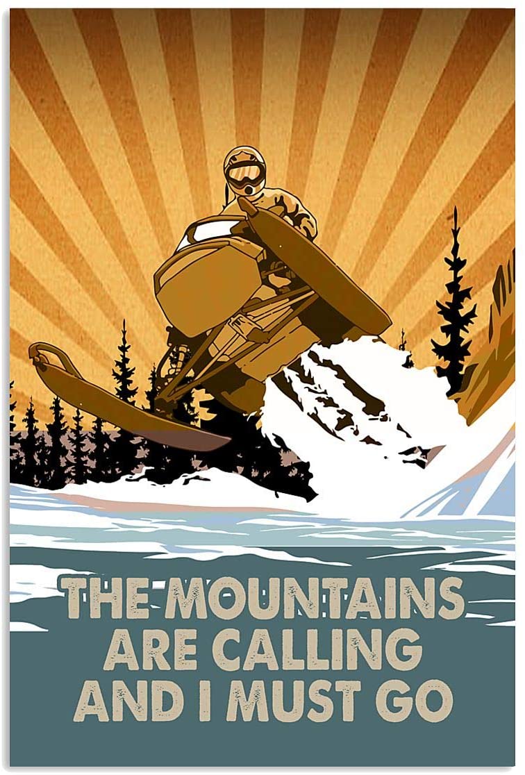 Vintage Man Riding Snowmobile – The Moutains Calling Must Go Poster Art Print      Home Decor Gift For Men Women Family Friend On Birthday Xmas