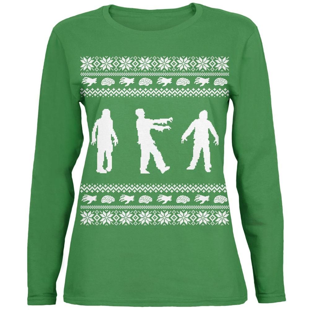 Zombie Ugly Christmas Sweater Green Womens Long Sleeve T-Shirt – X-Large