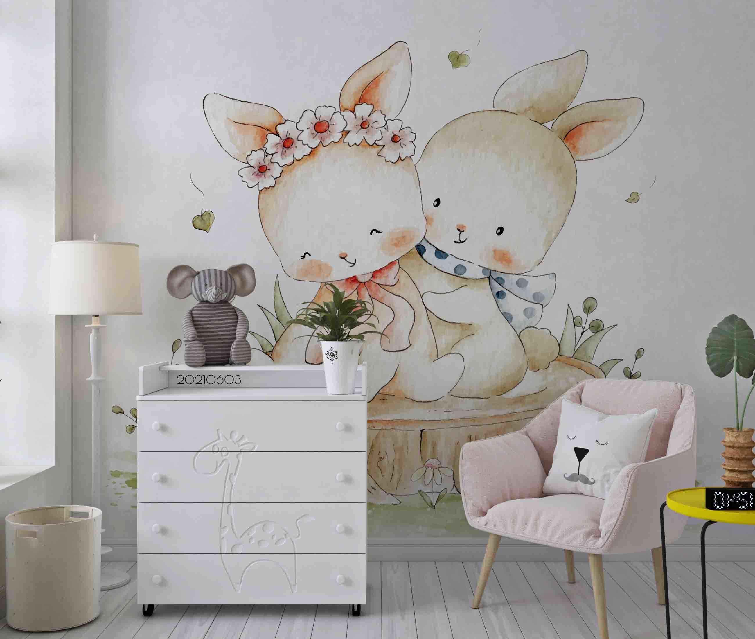 3D Cute Cartoon  Couple Rabbit Watercolor Wall Mural Wallpaper Sww582