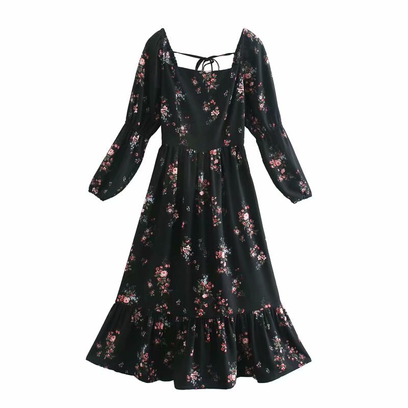 Bazaleas Vintage Red Floral Print Black Midi Dress France Back Tie Bandage Vestido Fashion Long Sleeve Women Dresses alx