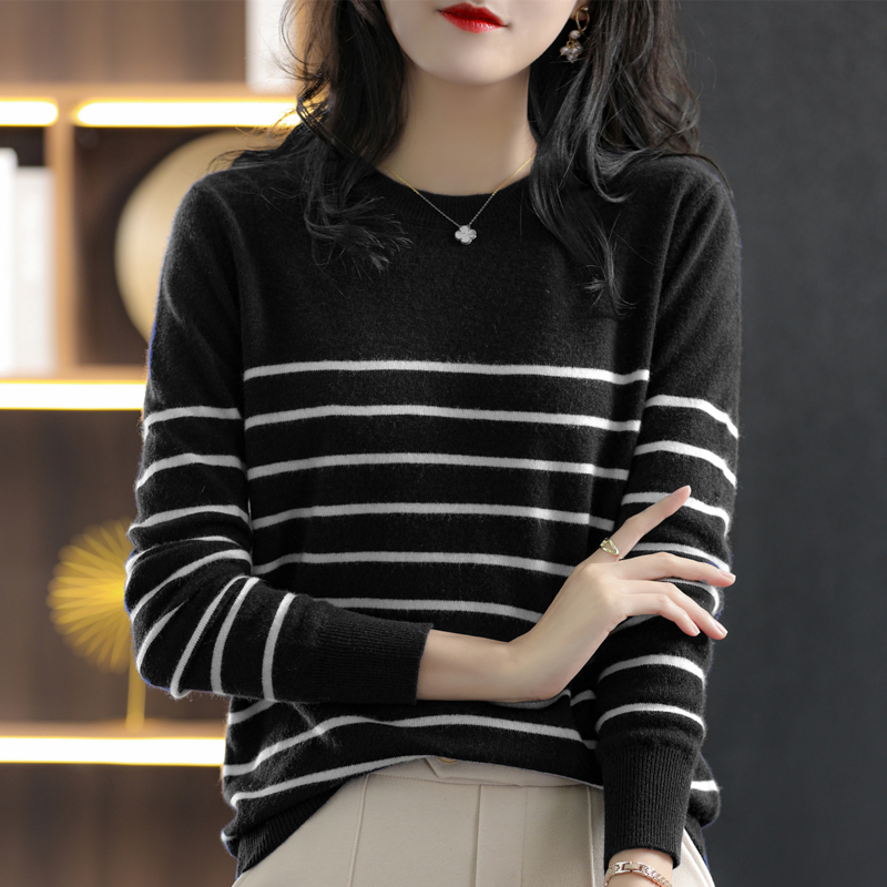 100% Cotton Knitted Sweater Women’s Sweater Striped Color Matching Round Neck Large Size Loose Temperament Long Sleeve Bottoming alx