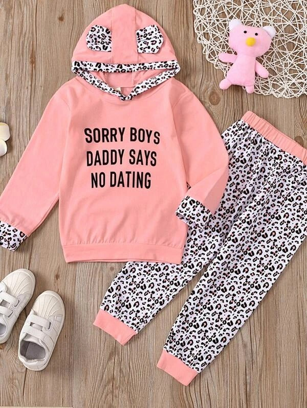 Toddler Girls Slogan And Leopard Hoodie & Sweatpants