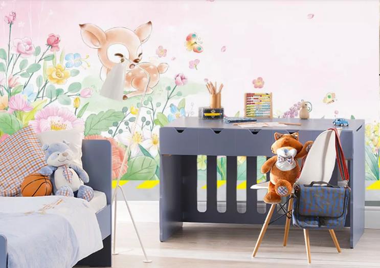 3D Hand Drawn Animal Deer Floral Wall Mural Wallpaper Lqh 223