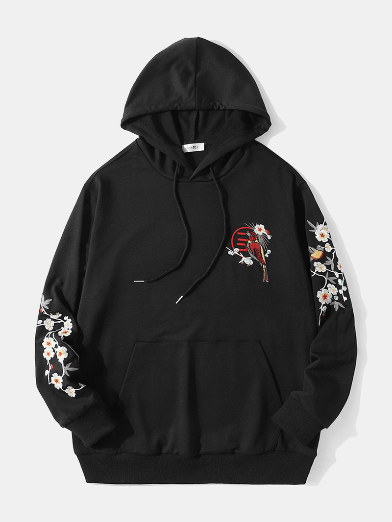 Mens Embroidery Bird Flower Casual Hooded Sweatshirt