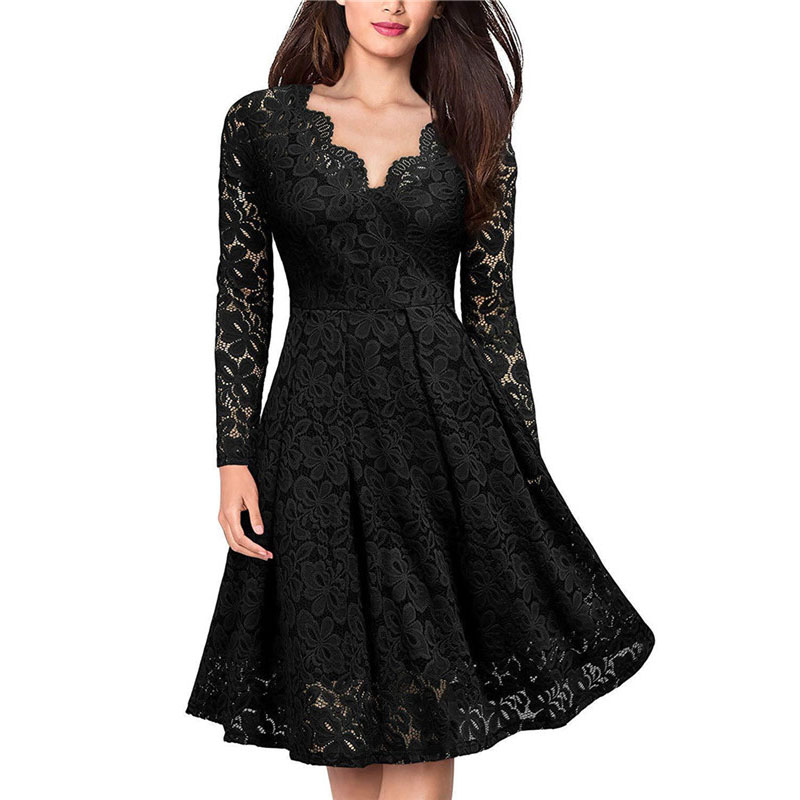 LSYCDS Elegant Sexy Dress for Women Vintage Lace Long Sleeve V Neck Black Blue Robe Femme Casual Dresses Woman Party Night 2022 alx