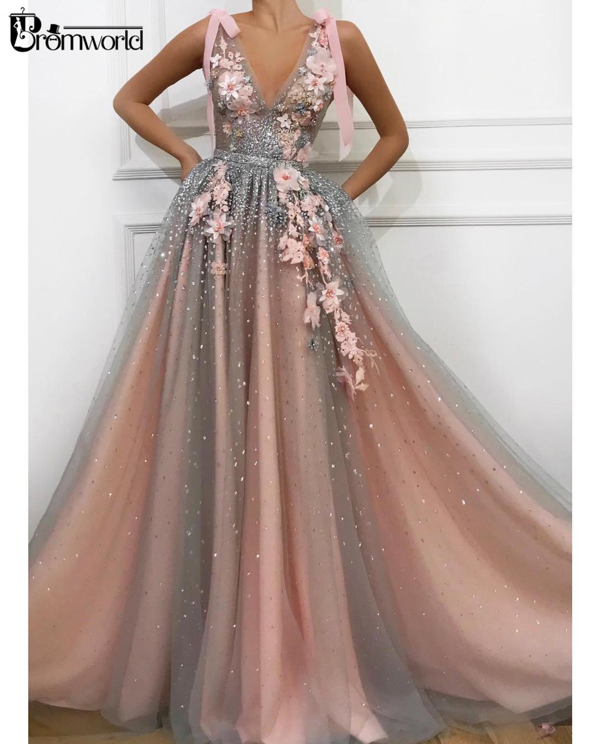 Pink Crystals Prom Dresses 2022 V-Neck Tulle Lace Flowers Beaded vestidos de gala Long Prom Gown Evening Party Robe De Soiree alx