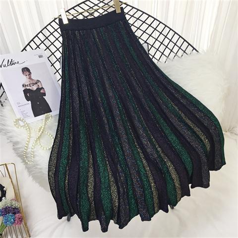 2021 Autumn Winter New Retro High-waist Metallic Skirt European Style Elastic Waist Knitted Pleated Midi Skirt Streetwear alx