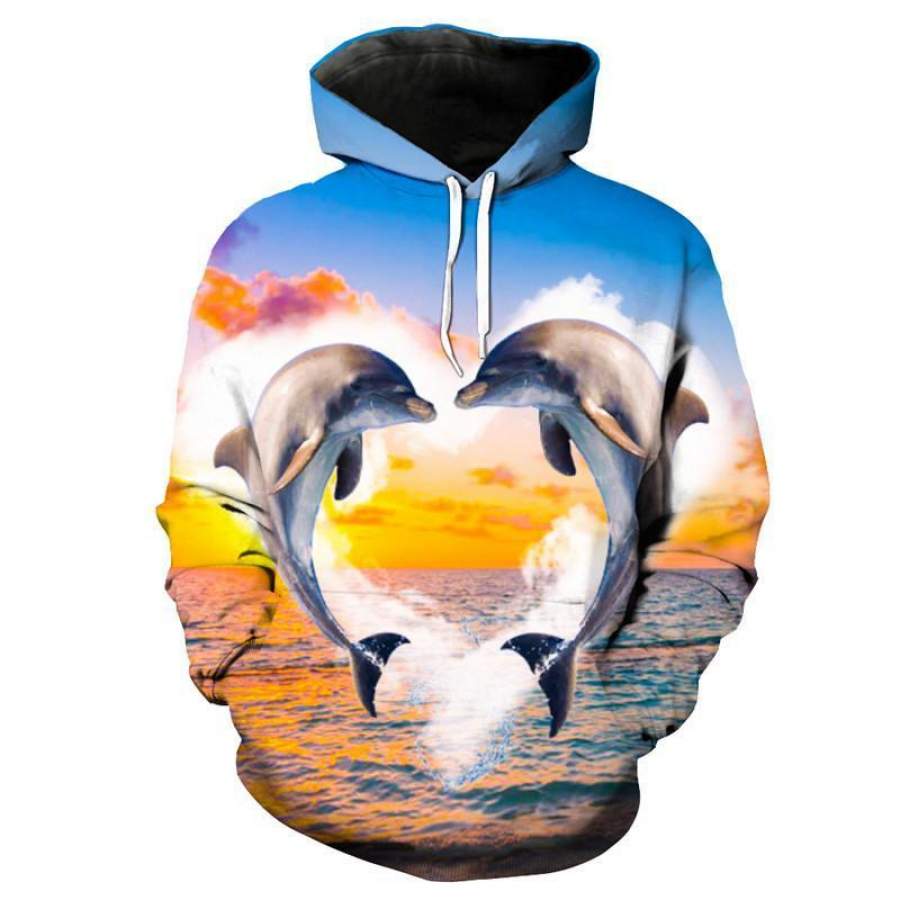 Golden Ocean Jumping Love Dolphin Print Men’s & Women’s Sportswear Fashion Hooded Sweatshirt