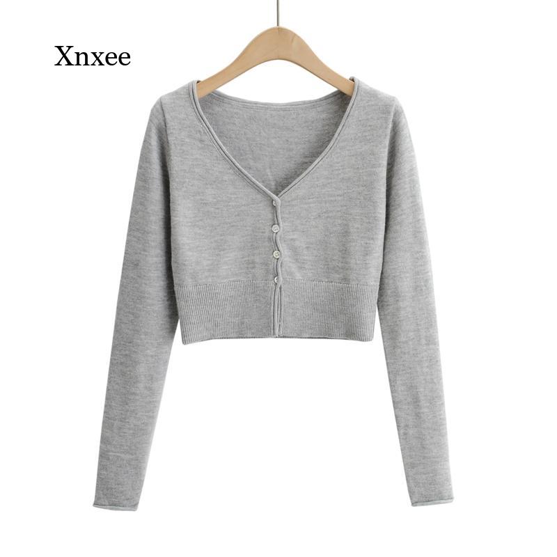 Spring and Autumn Women’s Long Sleeve Top Sexy V-Neck Button Cropped Knit Cardigan alx