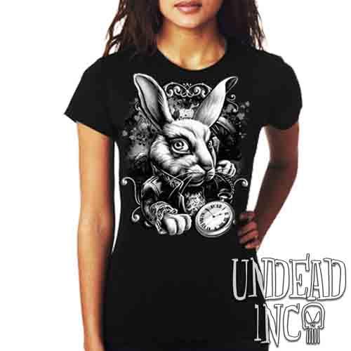 Alice In Wonderland White Rabbit Black & Grey – Ladies T Shirt