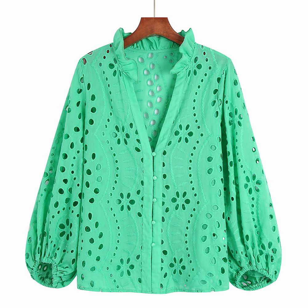 Women Lace Shirt Hollow Out Embroidery Blouse White Blue Green Rose Pink Summer 2022 New Clothing Modern Girl Blusa Tops alx