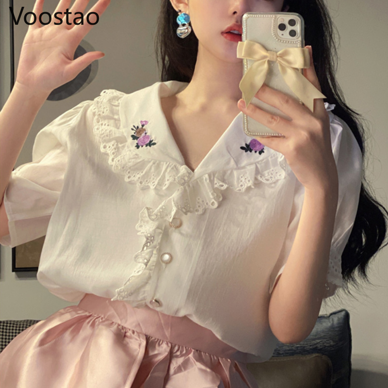 Sweet Lolita Style Lace Blouses Women Cute Peter Pan Collar Floral Embroidery White Shirts Korean Office Lady Elegant Shirt Tops alx