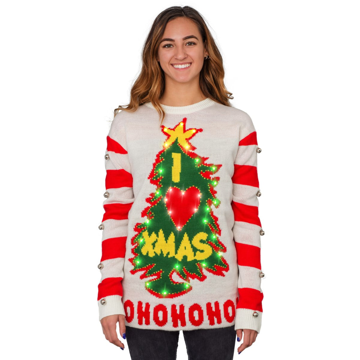 Women’S I Love Xmas Hohoho Grinch Light Up (Led) Christmas Tree And Star Ugly Christmas Sweater