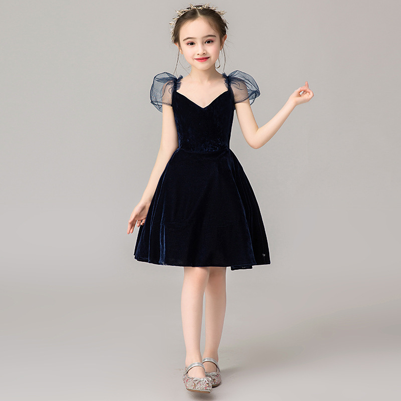 Summer Children’s Dress Black Short Model Piano Performance Costume Little Host Girl Catwalk Flower Girl Dress Princess Dress alx