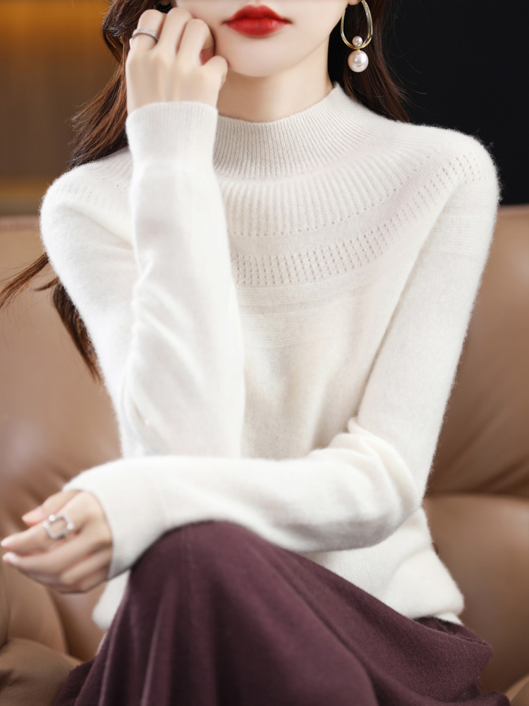 Autumn and Winter 100 Pure Wool Sweater Women’s Semi-High Collar Hollow First Line Ready-To-Wear Solid Color Cashmere Sweater Lo alx