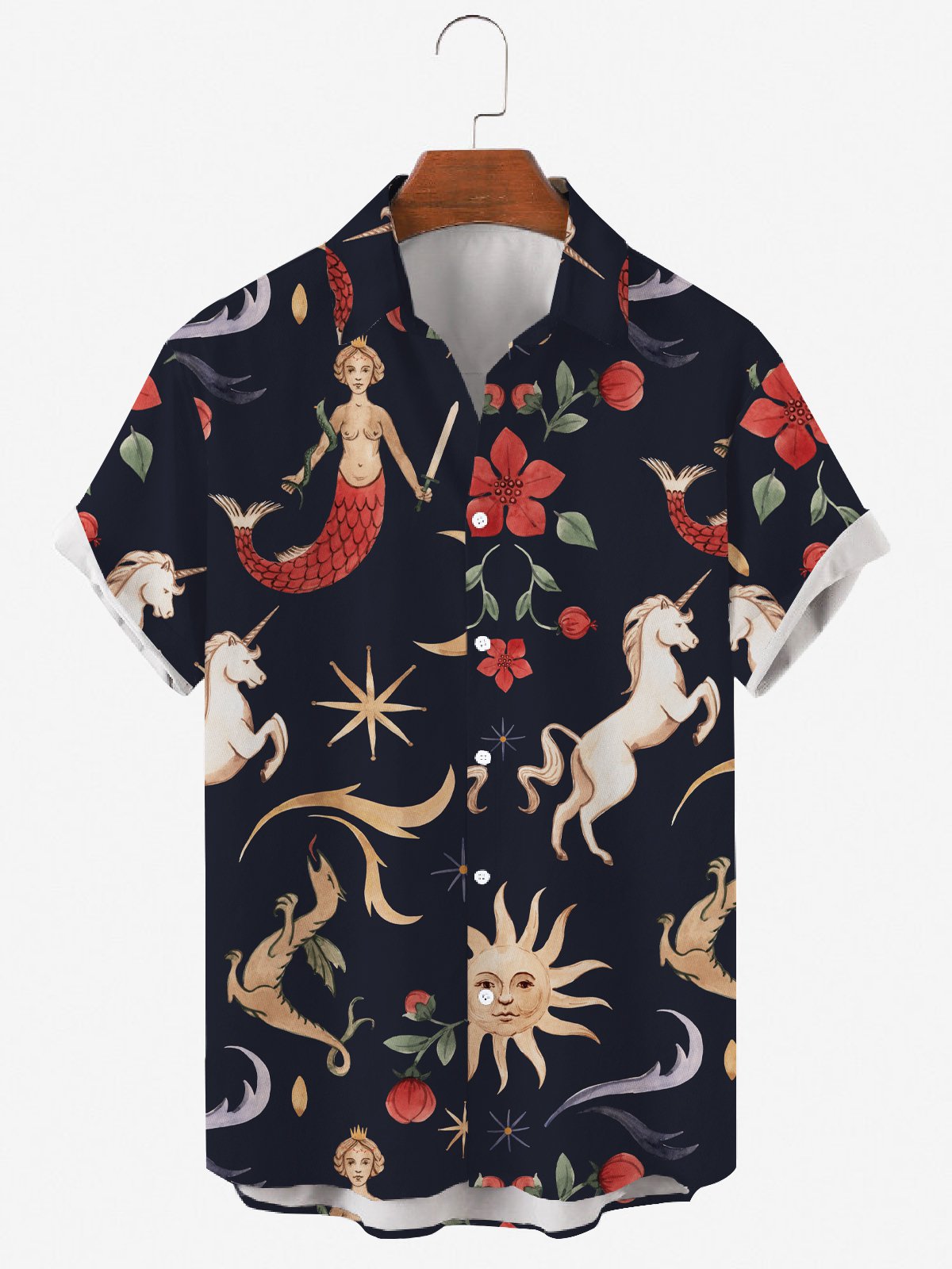 Mens Mermaid Unicorn Print Casual Lapel Short Sleeve Hawaii Shirts Ha42616