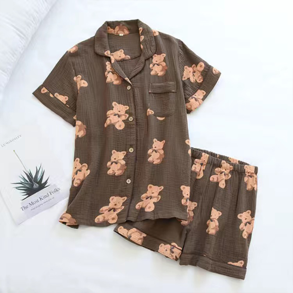 100%Cotton Gauze Pajamas for Women Korean Sleepwear Lovely Bear Print Pijamas Pyjamas Short Sleeve 2 Piece Female Set alx