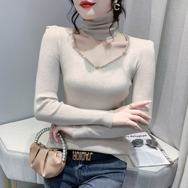 Winter turtleneck sweater women autumn clothes scarf knit bottoming shirt beading cut out tight solid sweaters long sleeve top alx