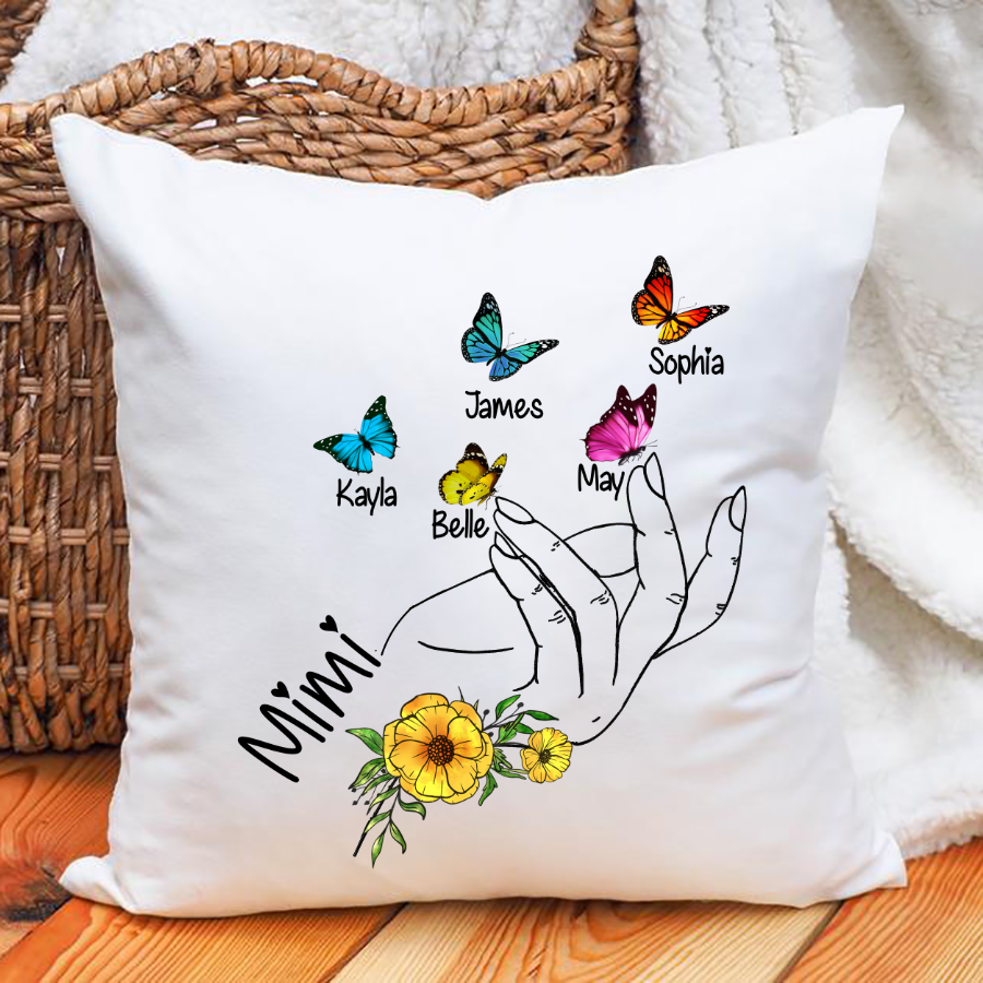 Mimi And Grandkids Flower Hands Butterfly Indoor Pillow