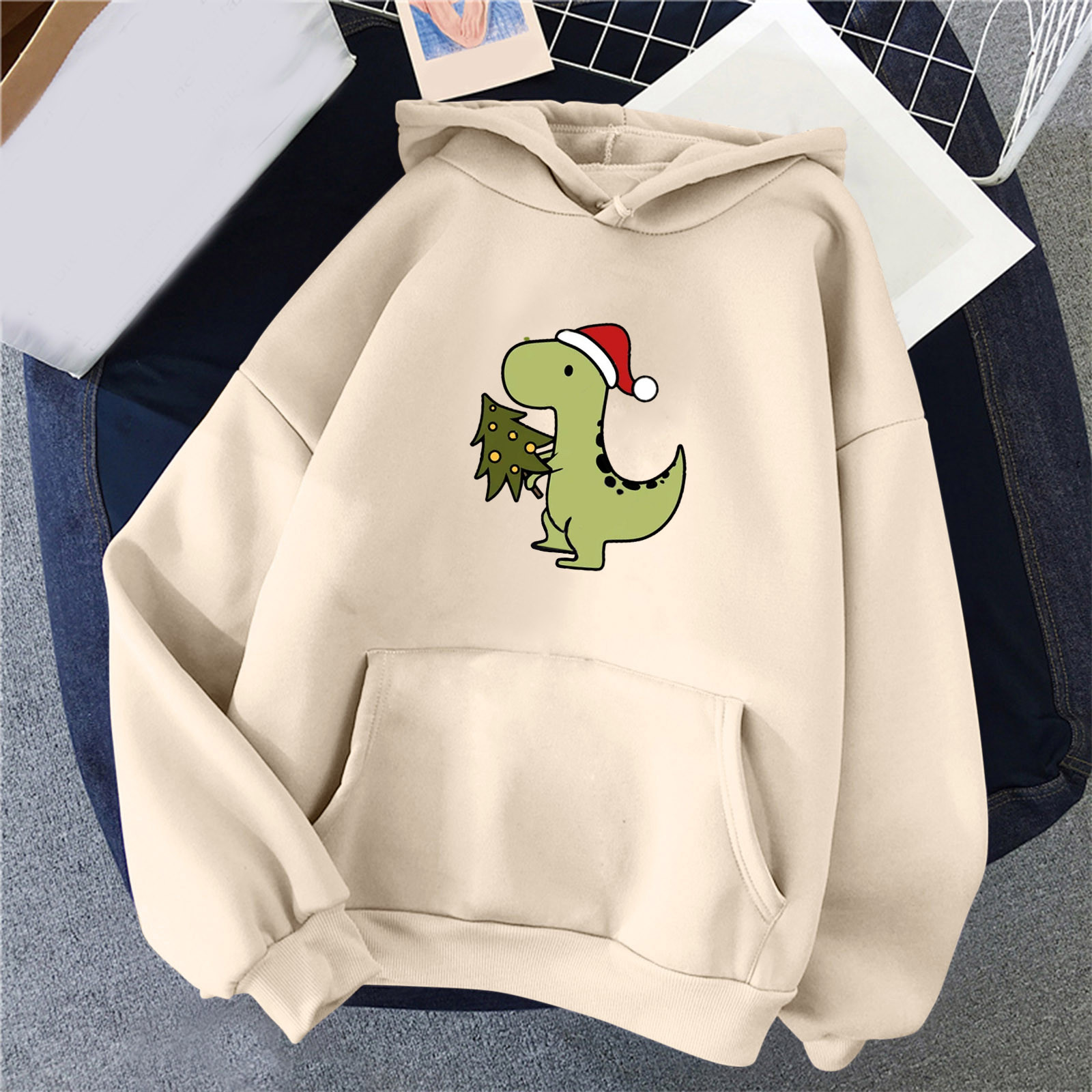 Women Autumn Winter Casual Cute Christmas Dinosaur Pocket Hoodie Long Sweatshirts Women alx