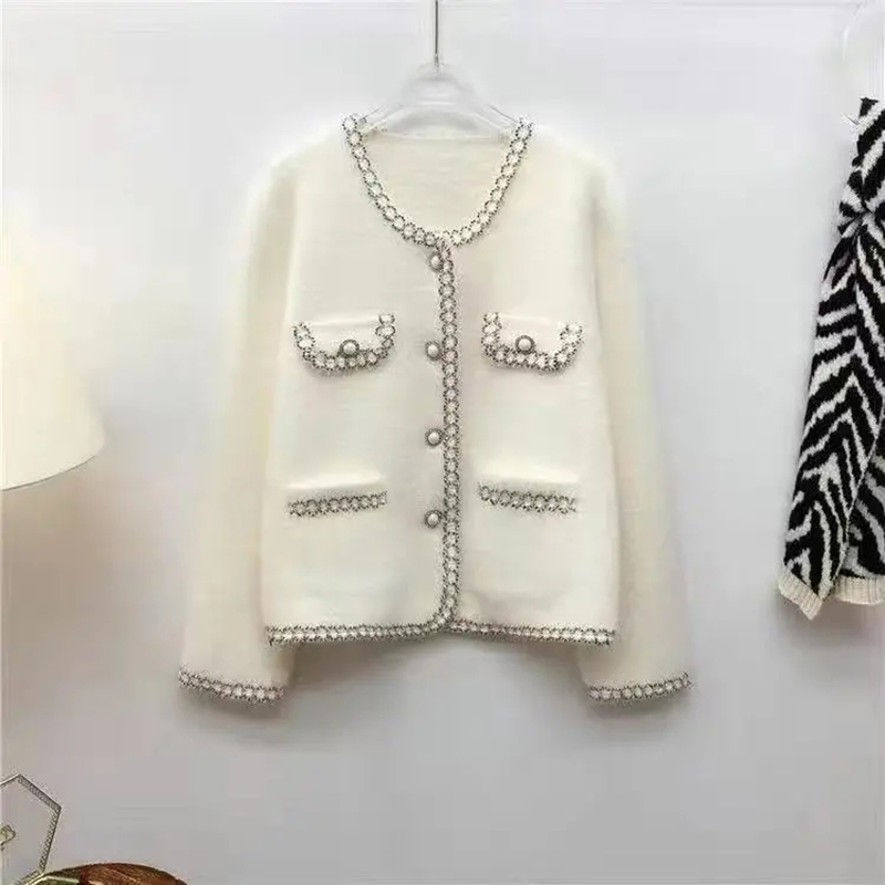 Women Elegant Imitation Mink Cashmere Sweater Jacket Spring Autumn Fashion Short Knitted Cardigan O-Neck Long Sleeve Small Coat alx