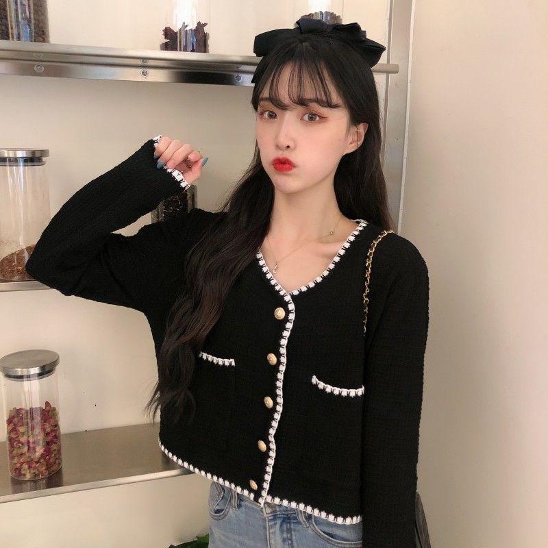 Summer V Neck Patchwork Black White Button Korean Style Sweet Short Chic Women Cropped Cardigan Knit Allneon Black Sweater Chic alx