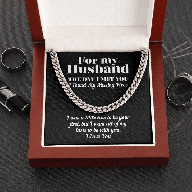 Valentines Day Gifts For Him, Cuban Link Chain Necklace For Husband, Missing Piece, Stainless Gold Finish Box With Message Card