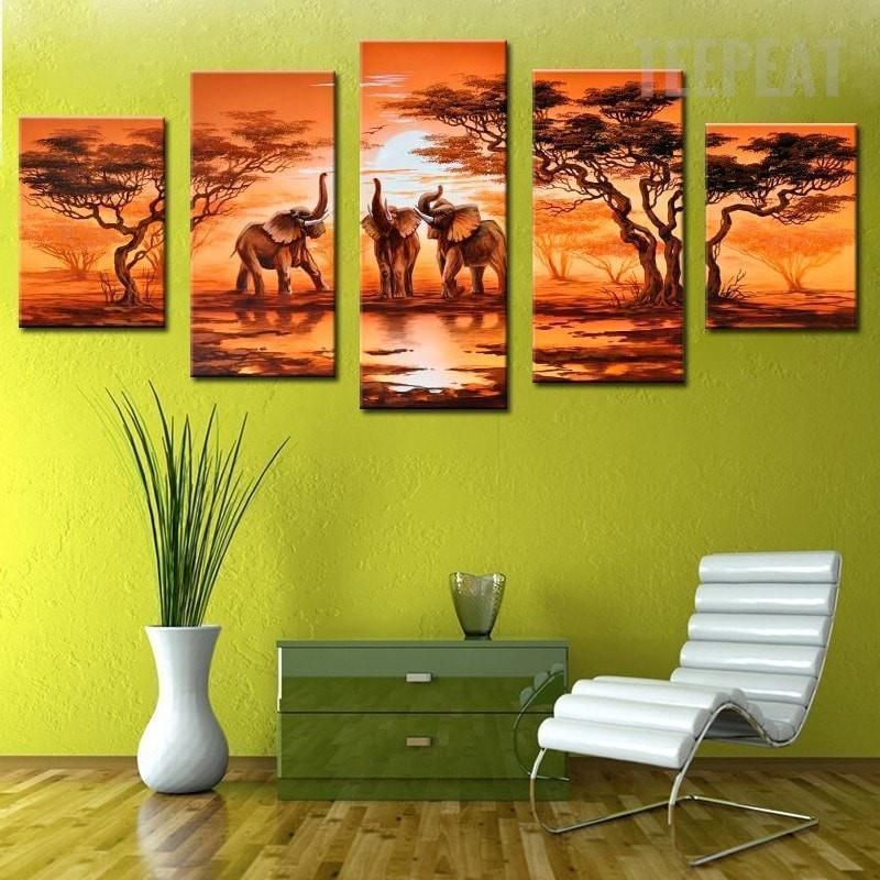 African Elephants Before The Sunset Anime 5 Panel Canvas Art Wall Decor