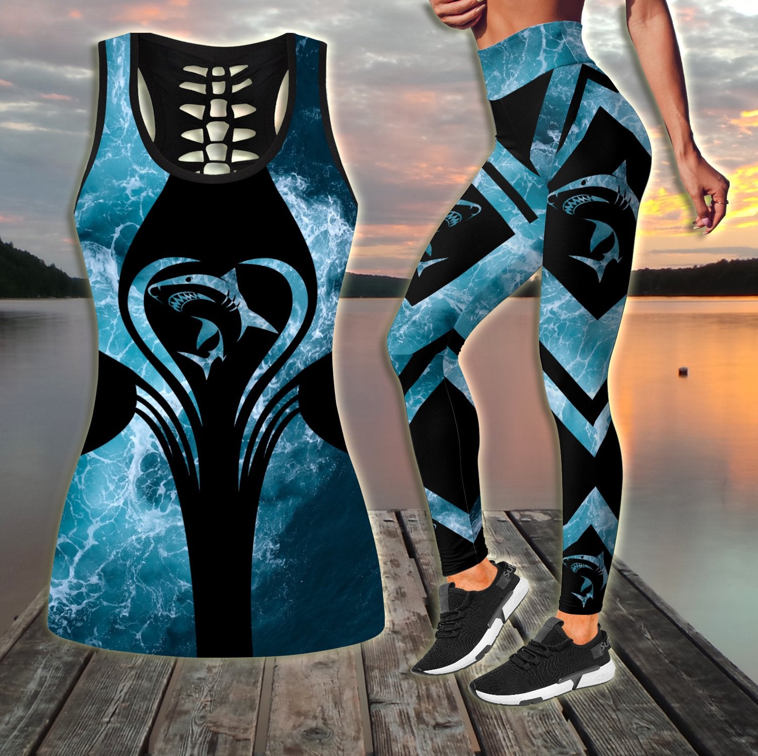 Women Tank Top Leggings Shark Fishing Gear Blue Ocean Combo Legging + Tank