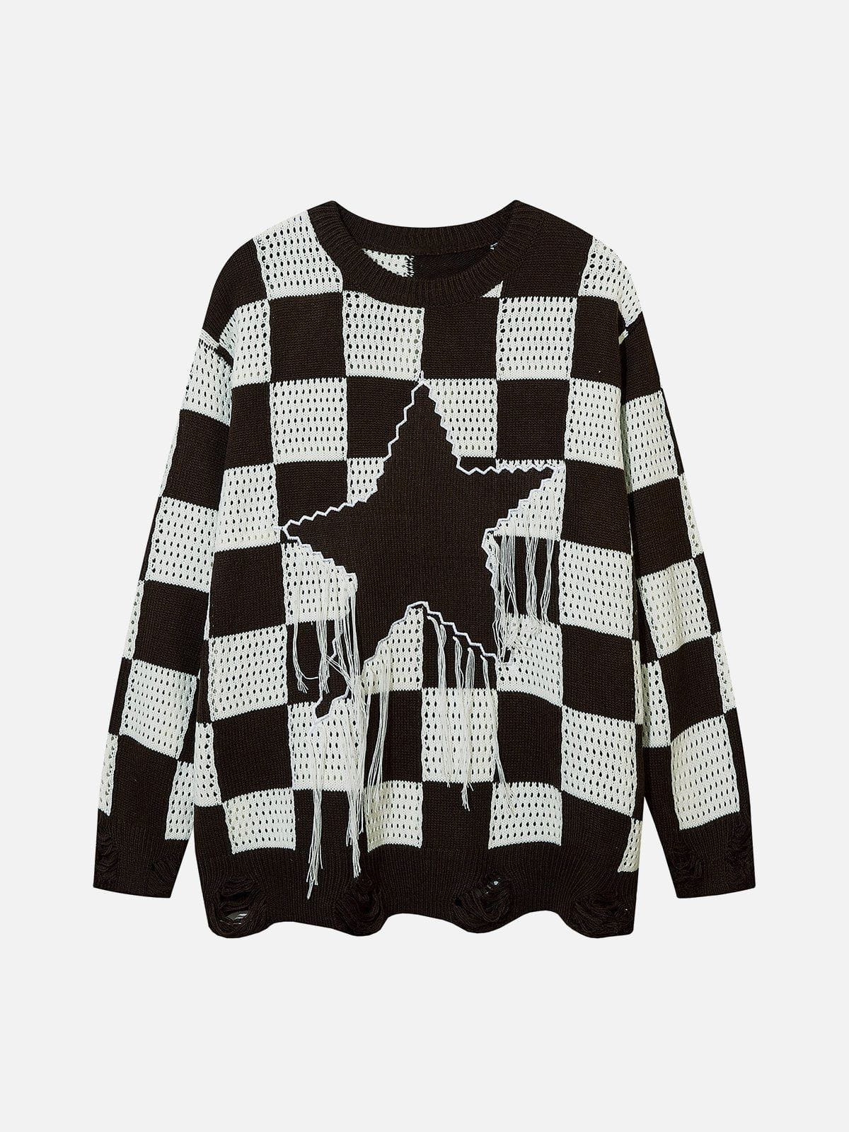 Talishko™ – Vintage Checkerboard Stars Tassel Sweater