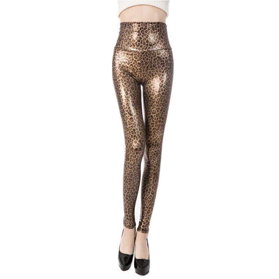 Women’s Faux Leather Leggings Pants Leopard Print Brown