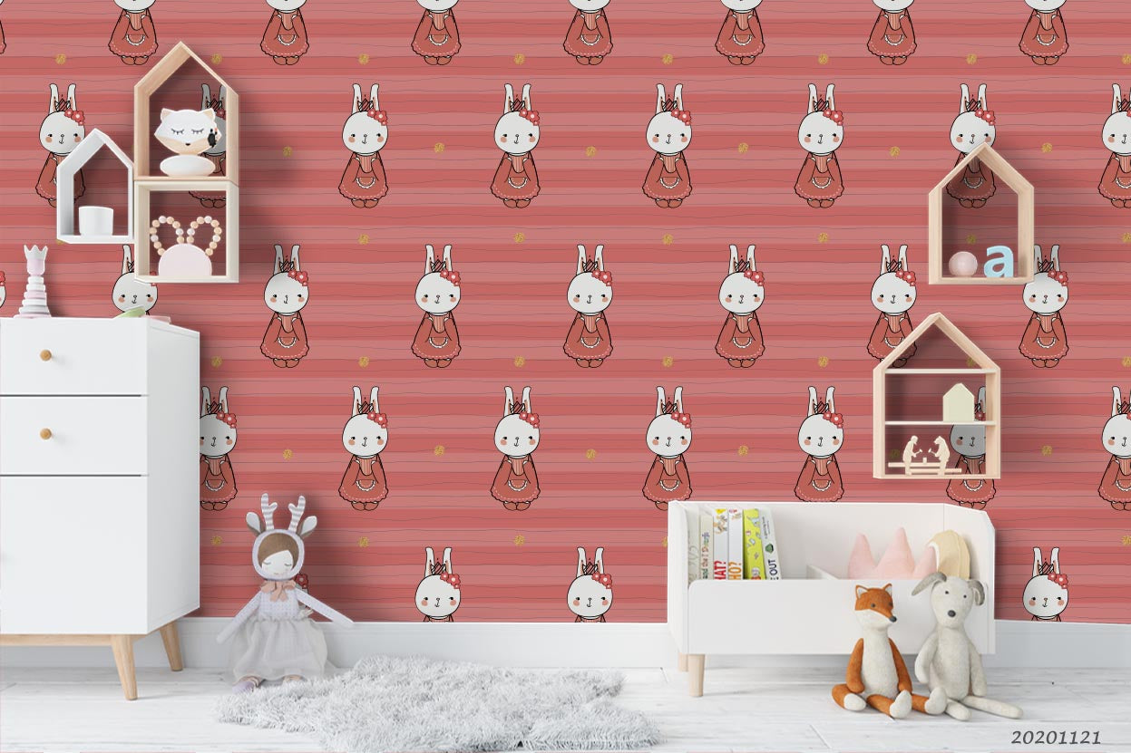 3D Cartoon Hand Drawn Bunny Animal Pink Wall Mural Wallpaper Lxl