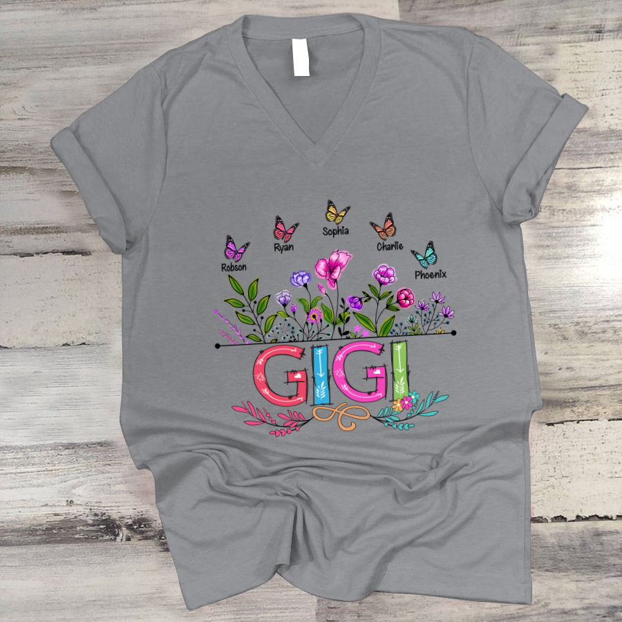 Personalized Gigi And Grandkids Butterfly V-Neck