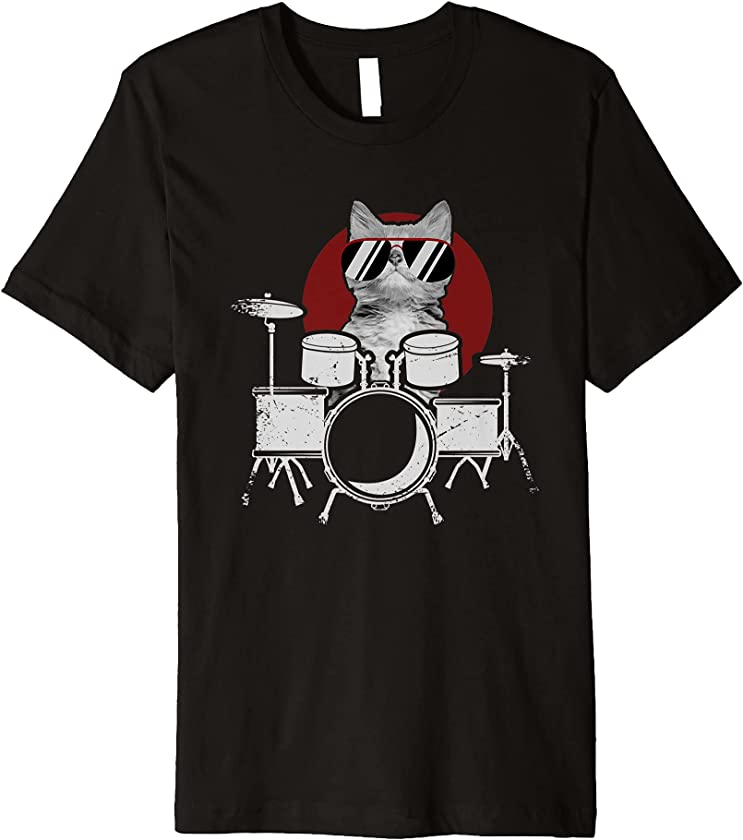 Punk Rockstar Kitten Kitty Cat Playing Drums I Drumming Cat Premium T-Shirt