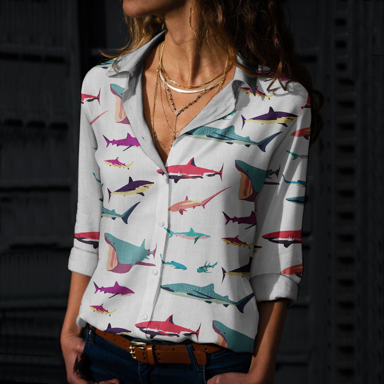 Sharks Art Cotton And Linen Casual Shirt For Men and Women, Unisex