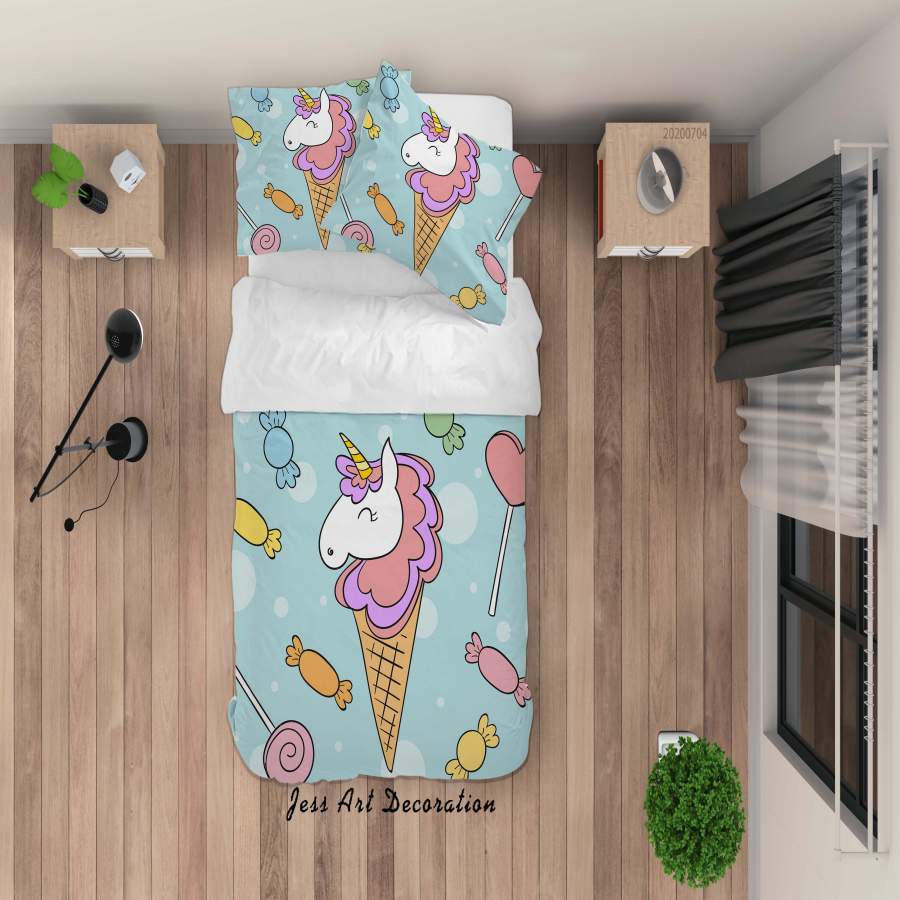 3D Blue Unicorn Ice Cream Candy Lollipop Quilt Cover Set Bedding Set Duvet Cover Pillowcases SF70