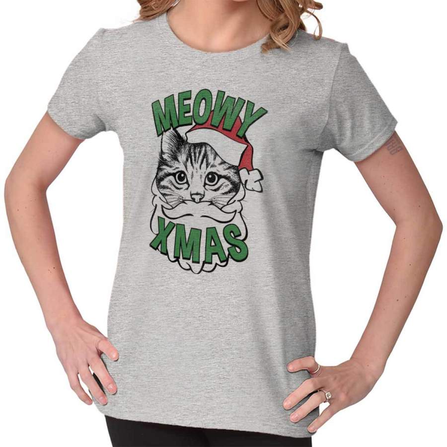 Meowy Christmas Cat Kitten Trendy Cool Fashion Funny Christmas Ladies T-Shirt