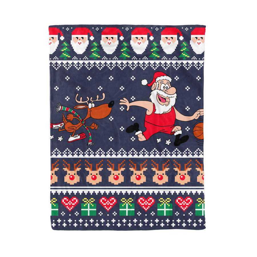 Blanket Funny Christmas Santa Reindeer Play Basketball Ugly Christmas Pattern Fleece Blanket